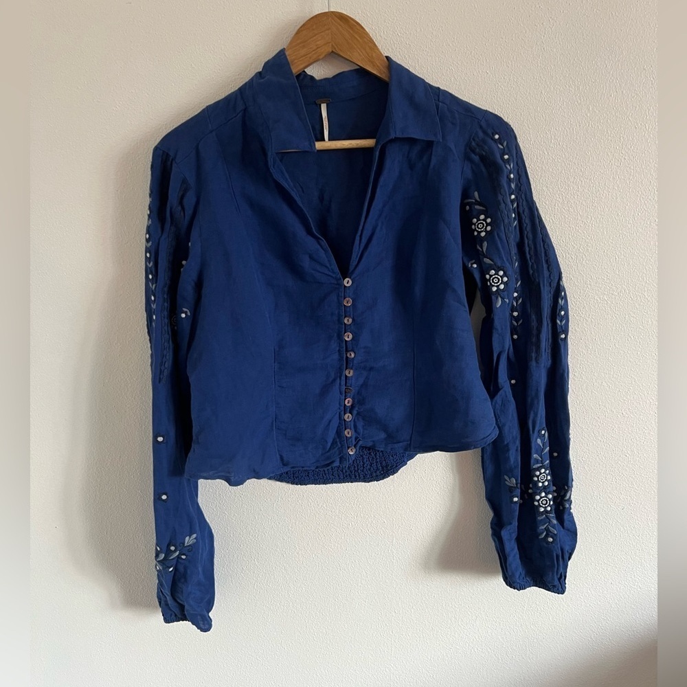 Free People Blue Embroidered Peasant Blouse, size medium